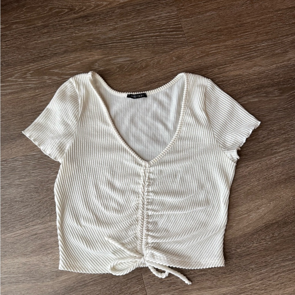 White Ribbed V-Neck Top